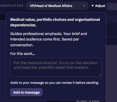 Perspective adjustment with a field for the user to refine the current brief