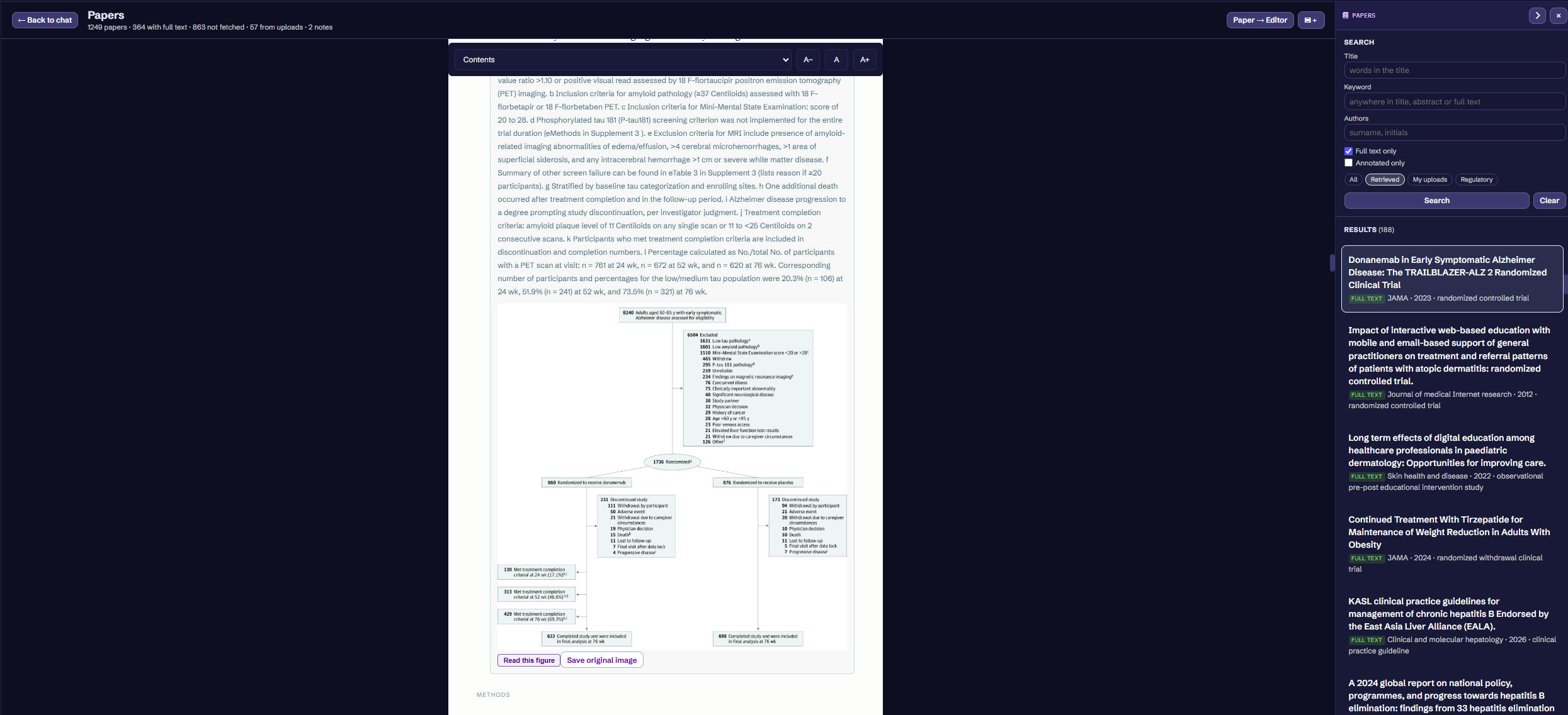 Papers reader with full-text article, figure and search results